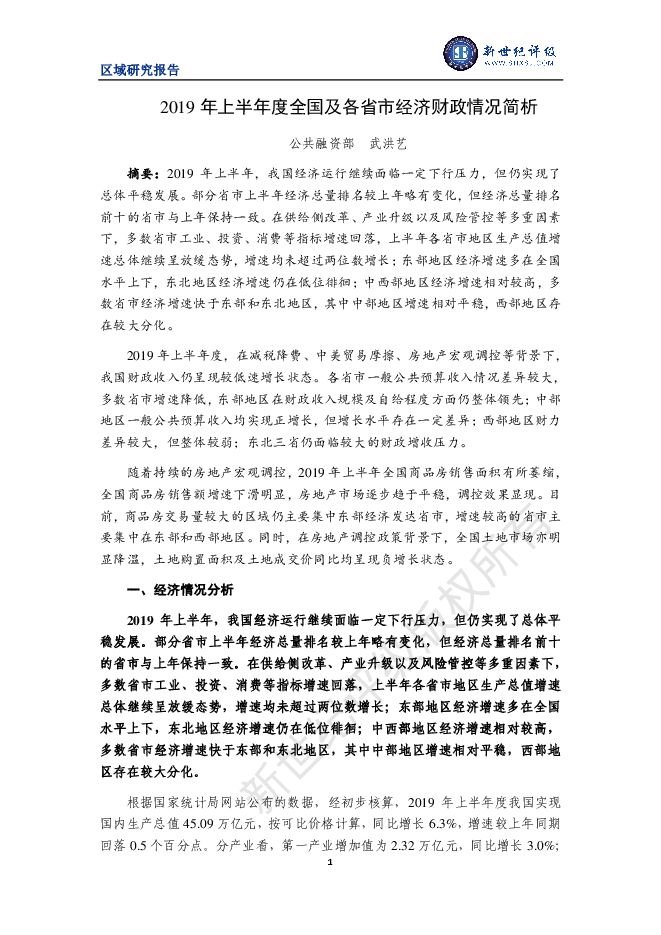 2019年上半年度全国及各省市经济财政情况简析-新世纪评级-201909.pdf 2019年上半年度全国及各省市经济财政情况简析-新世纪评级-201909.pdf