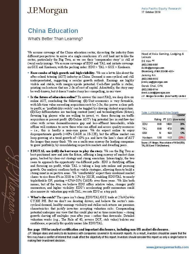 中国教育行业行业报告:什么比学习更好?-J.P. 摩根-20191017.pdf 中国教育行业行业报告:什么比学习更好?-J.P. 摩根-20191017.pdf