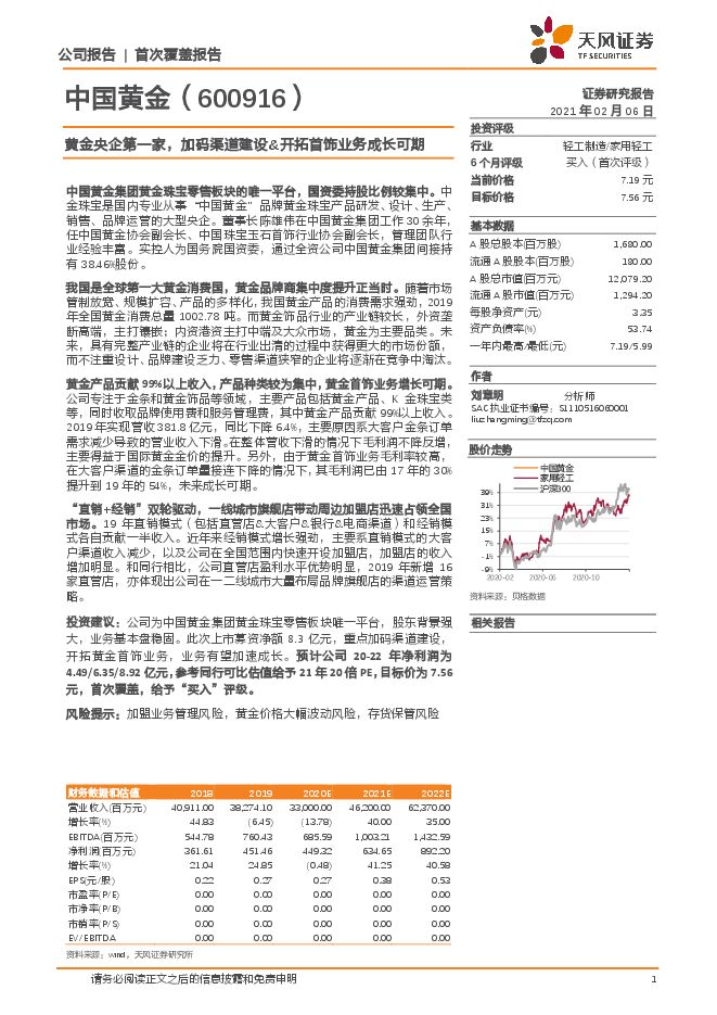 中国黄金:黄金央企第一家,加码渠道建设+开拓首饰业务成长可期-天风证券-20210206.pdf 中国黄金:黄金央企第一家,加码渠道建设+开拓首饰业务成长可期-天风证券-20210206.pdf