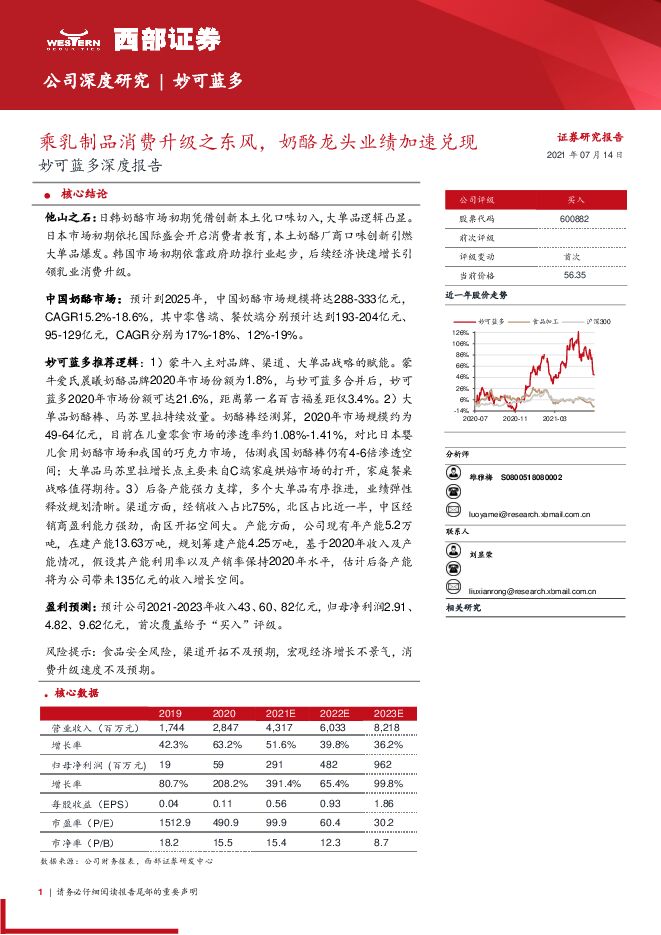 妙可蓝多深度报告:乘乳制品消费升级之东风,奶酪龙头业绩加速兑现-西部证券-20210714.pdf 妙可蓝多深度报告:乘乳制品消费升级之东风,奶酪龙头业绩加速兑现-西部证券-20210714.pdf