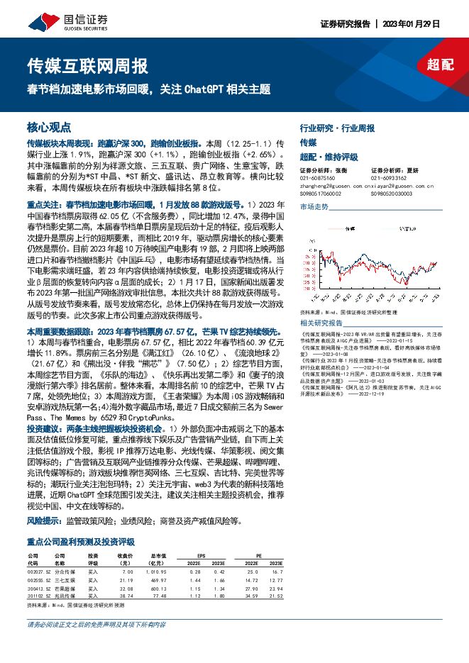 传媒互联网周报:春节档加速电影市场回暖,关注ChatGPT相关主题 传媒互联网周报:春节档加速电影市场回暖,关注ChatGPT相关主题
