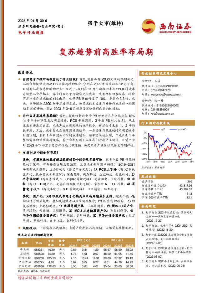 电子行业周报:复苏趋势前高胜率布局期 电子行业周报:复苏趋势前高胜率布局期