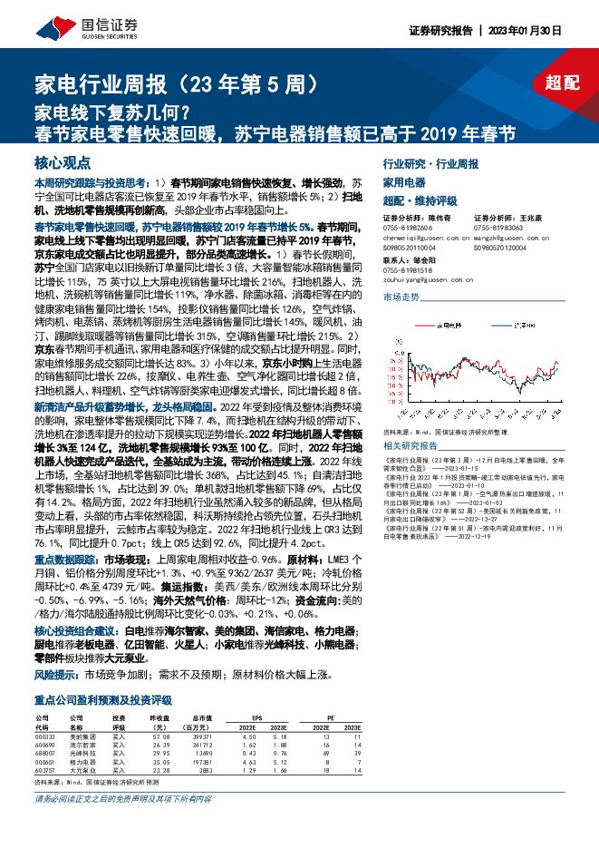 家电行业周报(23年第5周):家电线下复苏几何? 春节家电零售快速回暖,苏宁电器销售额已高于2019年春节 家电行业周报(23年第5周):家电线下复苏几何? 春节家电零售快速回暖,苏宁电器销售额已高于2019年春节