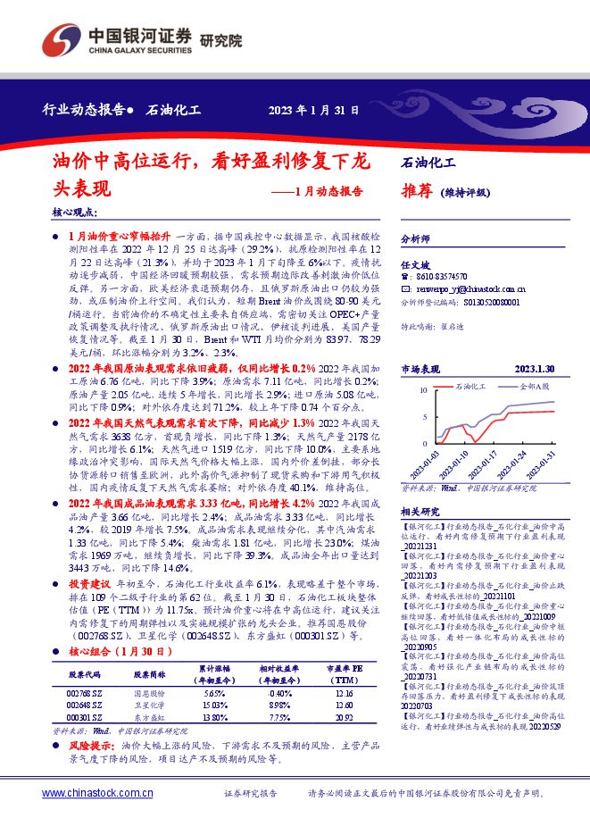 石油化工1月动态报告:油价中高位运行,看好盈利修复下龙头表现 石油化工1月动态报告:油价中高位运行,看好盈利修复下龙头表现