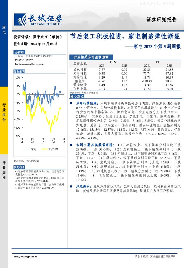 家电行业2023年第5周周报：节后复工积极推进，家电制造弹性渐显