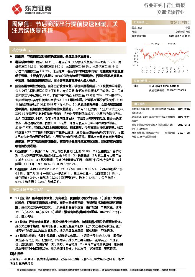 交通运输行业周聚焦:节后商旅出行提前快速回暖,关注后续恢复进程 交通运输行业周聚焦:节后商旅出行提前快速回暖,关注后续恢复进程