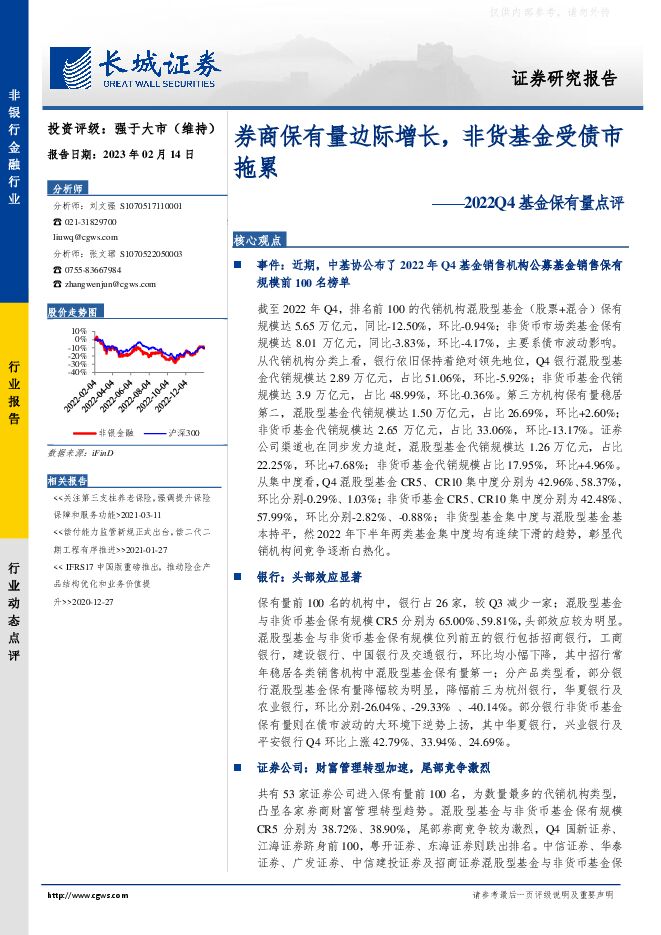 非银行金融行业2022Q4基金保有量点评：券商保有量边际增长，非货基金受债市拖累
