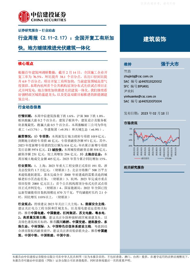 建筑装饰行业周报:全国开复工有所加快,地方继续推进光伏建筑一体化 建筑装饰行业周报:全国开复工有所加快,地方继续推进光伏建筑一体化