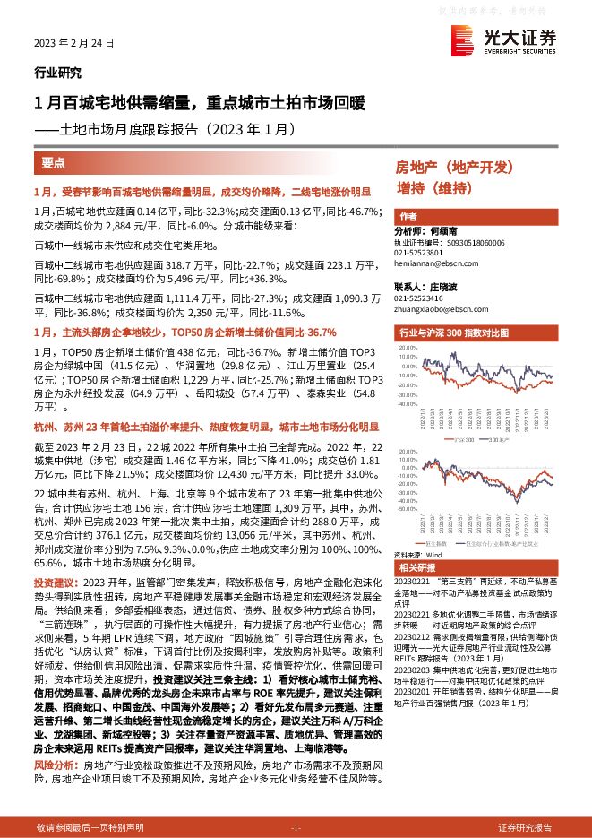房地产行业土地市场月度跟踪报告(2023年1月):1月百城宅地供需缩量,重点城市土拍市场回暖 房地产行业土地市场月度跟踪报告(2023年1月):1月百城宅地供需缩量,重点城市土拍市场回暖