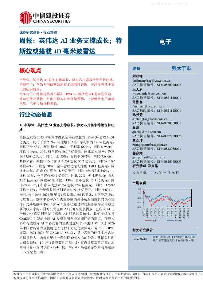 电子行业周报:英伟达AI业务支撑成长;特斯拉或搭载4D毫米波雷达 电子行业周报:英伟达AI业务支撑成长;特斯拉或搭载4D毫米波雷达