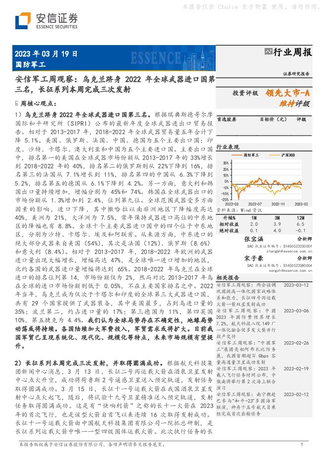 安信军工周观察:乌克兰跻身2022年全球武器进口国第三名,长征系列本周完成三次发射 安信军工周观察:乌克兰跻身2022年全球武器进口国第三名,长征系列本周完成三次发射