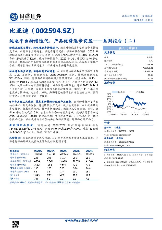 比亚迪(002594):纯电平台持续迭代,产品优势逐步突显2023年1月国盛证券汽车行业报告.pdf