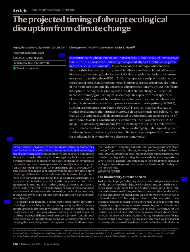 Analog —— 生物 多样性 Nature 2020 The projected timing of abrupt ecological disruption from climate change.pdf Analog —— 生物 多样性 Nature 2020 The projected timing of abrupt ecological disruption from climate change.pdf