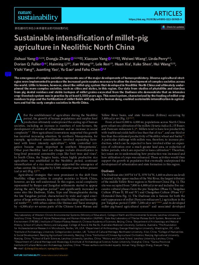 nature sustainability Sustainable intensification of millet–pig agriculture in Neolithic North China.pdf