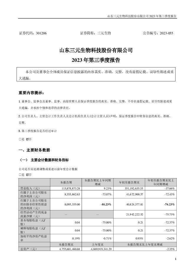 三元生物2023年第三季度报告(更正后) 三元生物2023年第三季度报告(更正后)