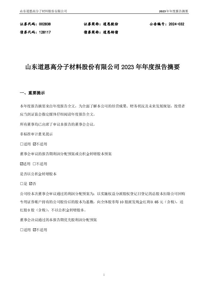 道恩股份2023年年度报告摘要