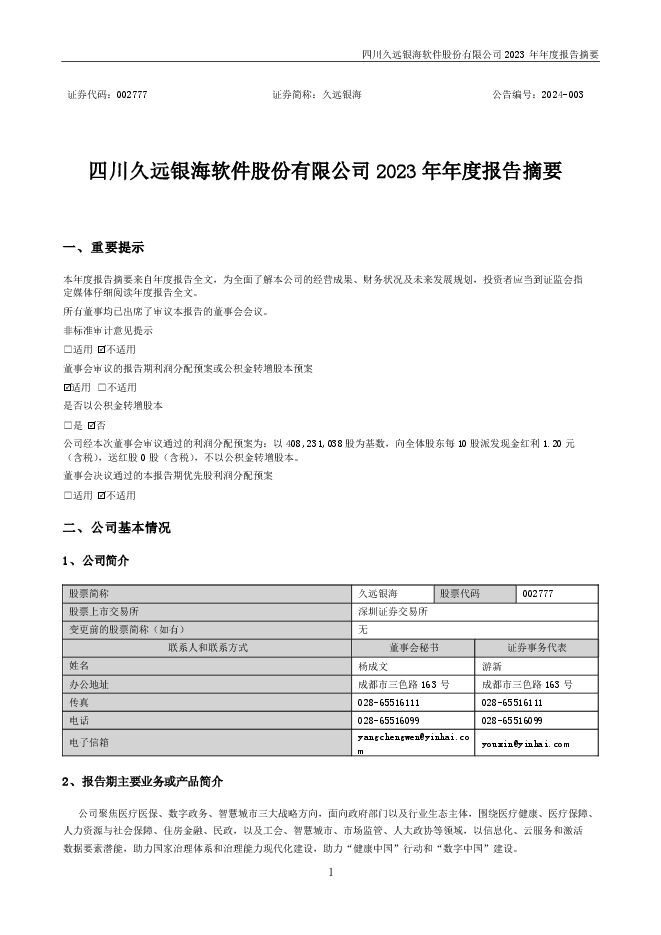 久远银海2023年年度报告摘要