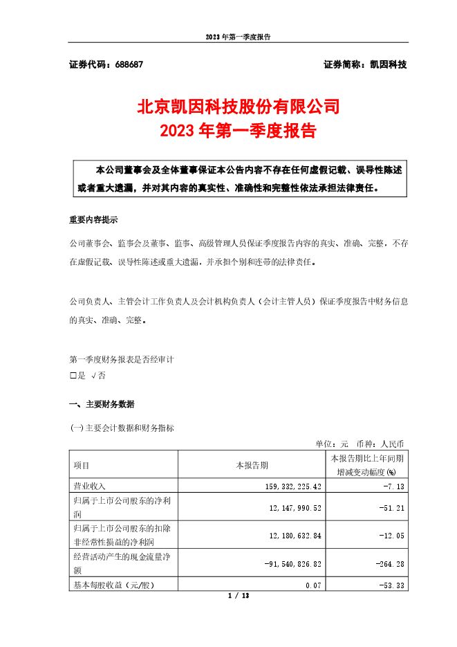 凯因科技2023年第一季度报告(更正后) 凯因科技2023年第一季度报告(更正后)